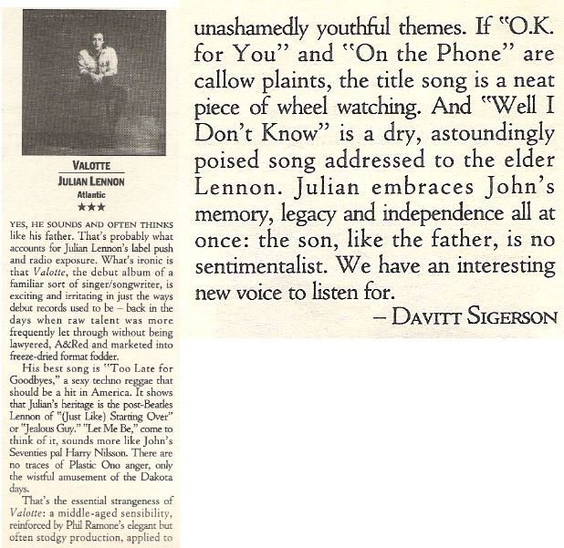 Lennon, Julian / Valotte | Album Review (1985)