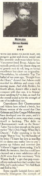 Adams, Bryan / Reckless | Magazine Review (1985)