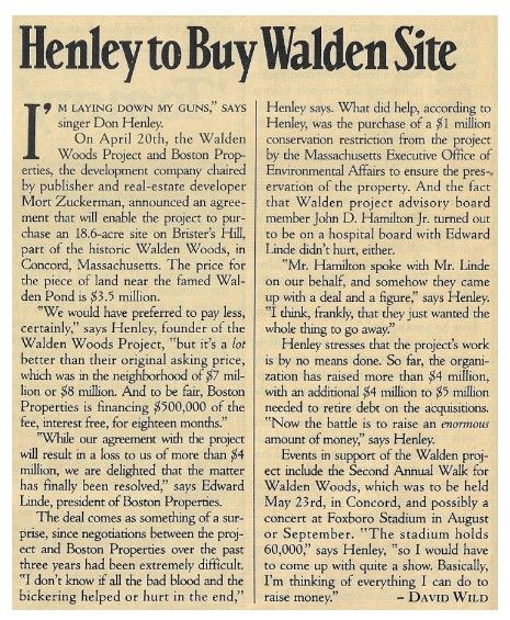 Henley, Don / Henley to Buy Walden Site / 1993