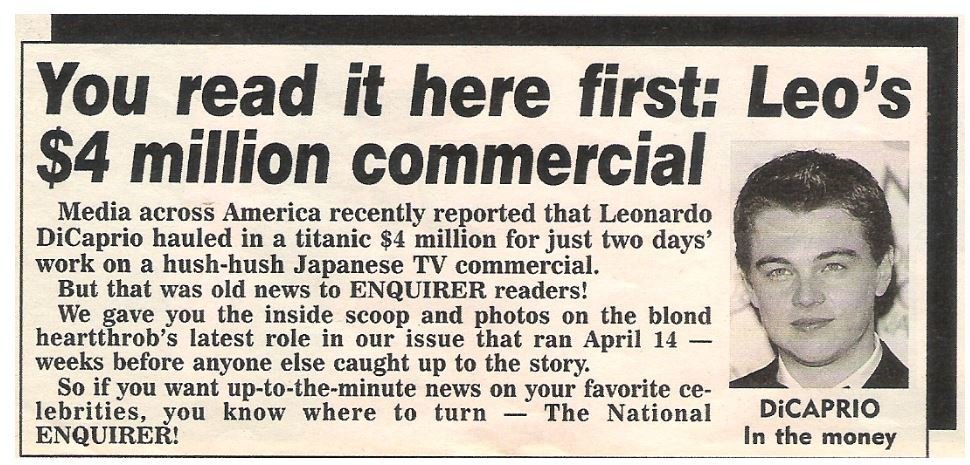 DiCaprio, Leonardo / Leo&#39;s $4 Million Commercial | Magazine Article with Photo (1998)