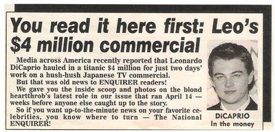 DiCaprio, Leonardo / Leo&#39;s $4 Million Commercial | Magazine Article with Photo (1998)