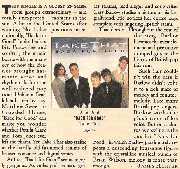 Take That / Back For Good | Magazine Review (1995) by James Hunter