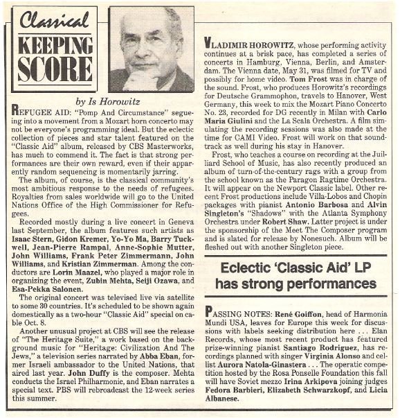 Various Artists / Classical - Keeping Score / Eclectic &#39;Classic Aid&#39; LP Has Strong Performances | Magazine Article (1987) by Is Horowitz