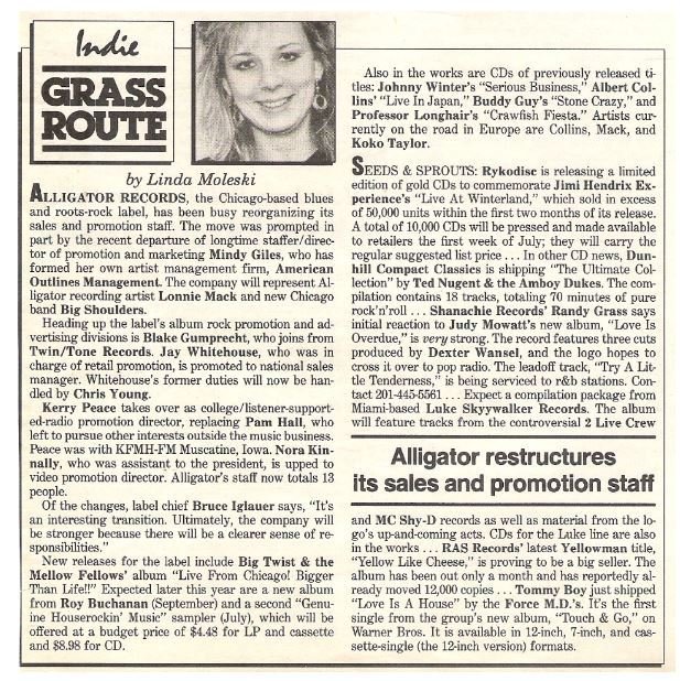 Various Artists / Alligator Restructures It's Sales and Promotion Staff | Magazine Article (1987) by Linda Moleski