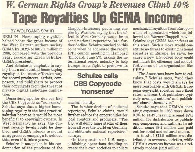 Music Industry / Tape Royalties Up GEMA Income / 1987