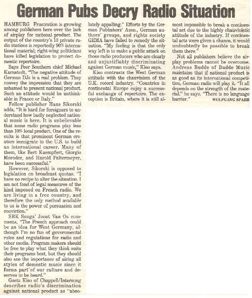 Music Industry / German Pubs Decry Radio Situation / 1987