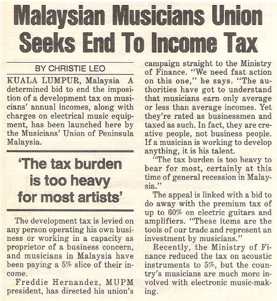 Music Industry / Malaysian Musicians Union Seeks End to Income Tax / 1987