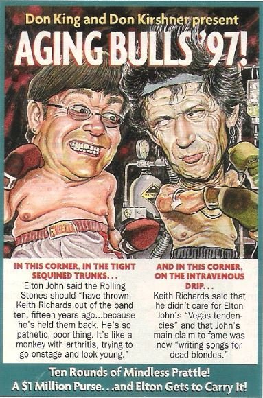 John, Elton (+ Keith Richards) / Aging Bulls '97! | Magazine Article + Cartoon (1997)