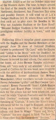 John, Elton / Elton John Is Set for An October Mini-Tour | Newspaper Article (1975)