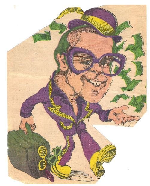 John, Elton / In Purple Outfit, with Money | Newspaper Cartoon (1976)