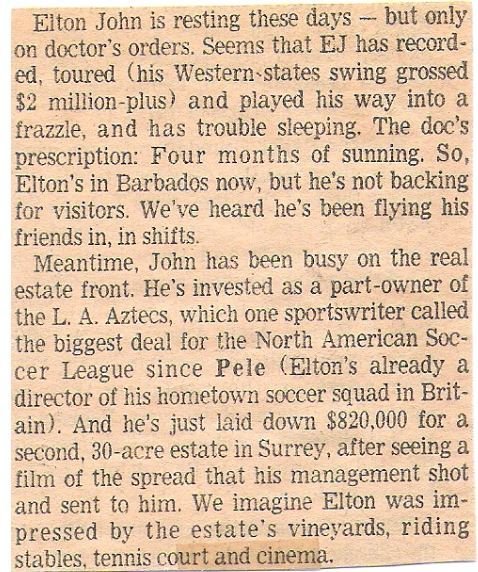 John, Elton / Elton John Is Resting These Days - But Only On Doctor&#39;s Orders | Newspaper Article (1975)