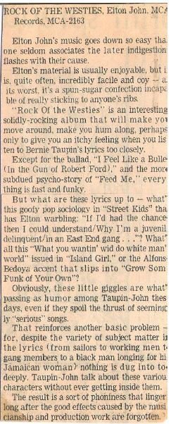 John, Elton / Rock of the Westies | Newspaper Review (1975)