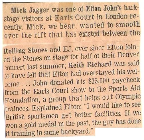 John, Elton / Mick Jagger Was One of Elton John&#39;s Backstage Visitors... | Newspaper Article (1976)