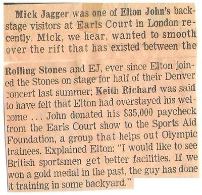 John, Elton / Mick Jagger Was One of Elton John&#39;s Backstage Visitors... | Newspaper Article (1976)
