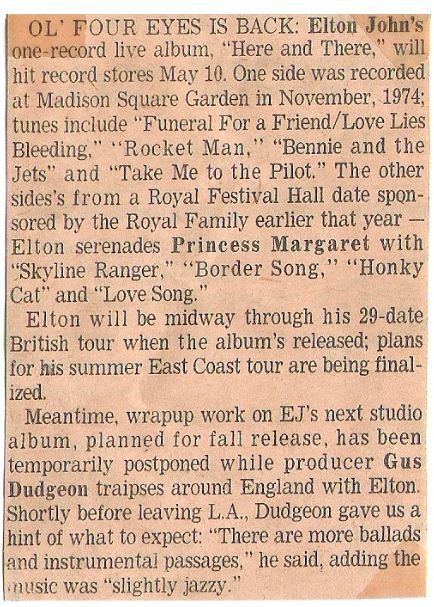 John, Elton / Ol&#39; Four Eyes Is Back | Newspaper Article (1976)
