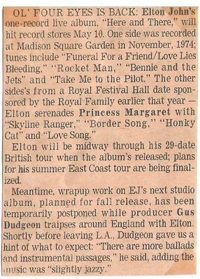 John, Elton / Ol&#39; Four Eyes Is Back | Newspaper Article (1976)