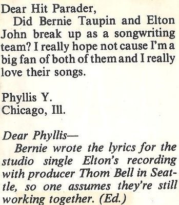 John, Elton / Did Bernie Taupin + Elton John Break Up as a Songwriting Team? | Magazine Article (1977)