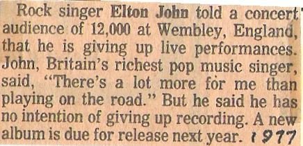 John, Elton / Giving Up Live Performances | Magazine Article (1977)