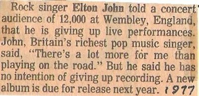 John, Elton / Giving Up Live Performances | Magazine Article (1977)