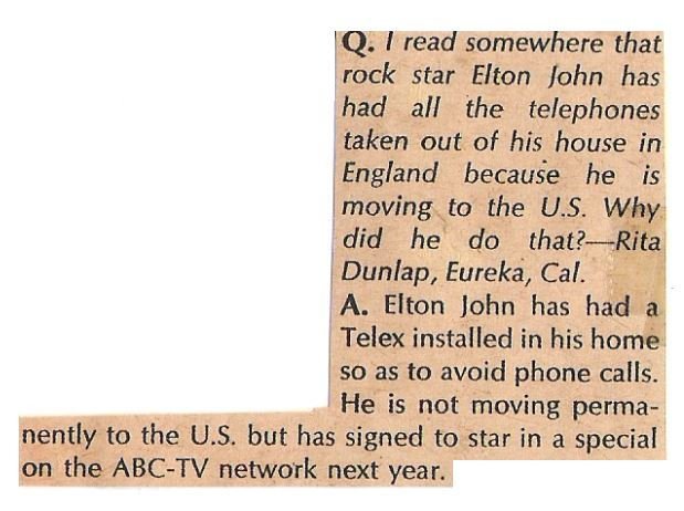 John, Elton / Telex Installed in His Home | Magazine Article (1977)