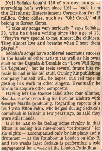 Sedaka, Neil / Neil Sedaka Bought 116 of His Own Songs | Newspaper Article (1977)