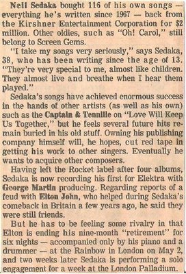 Sedaka, Neil / Neil Sedaka Bought 116 of His Own Songs | Newspaper Article (1977)