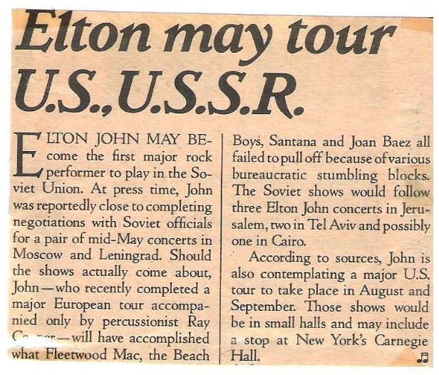 John, Elton / Elton May Tour U.S., U.S.S.R. | Magazine Article (1979)