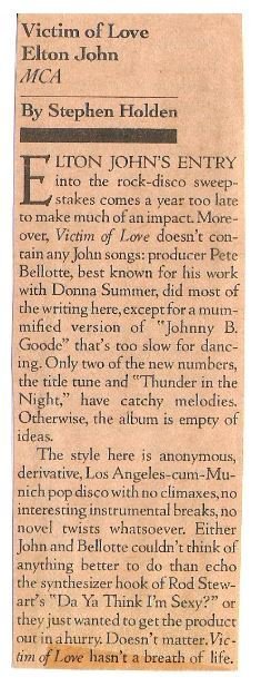 John, Elton / Victim Of Love Album Review #1 | Magazine Article (1979)