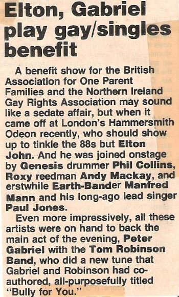 John, Elton / Elton, Gabriel Play Gay/Singles Benefit | Magazine Article (1978)