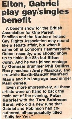 John, Elton / Elton, Gabriel Play Gay/Singles Benefit | Magazine Article (1978)