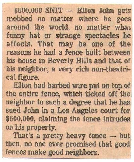 John, Elton / $600,000 Snit - Elton Sued Over Fence | Newspaper Article (1979)