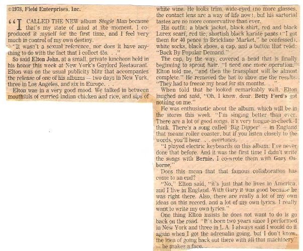 John, Elton / I Called the New Album Single Man / Newspaper Article (1978)