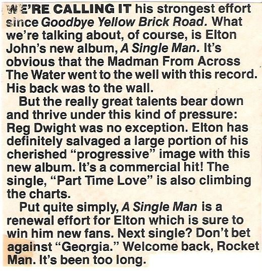 John, Elton / A Single Man - Album Review #3 / Magazine Article (1978)