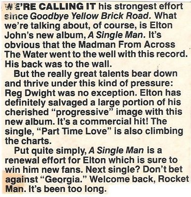 John, Elton / A Single Man - Album Review #3 / Magazine Article (1978)