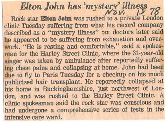 John, Elton / Elton John Has Mystery Illness | Newspaper Article (1978)