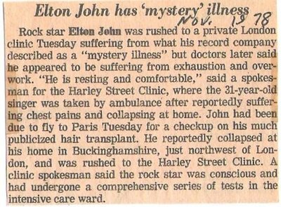 John, Elton / Elton John Has Mystery Illness | Newspaper Article (1978)