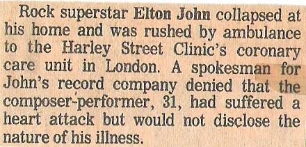 John, Elton / Rock Superstar Elton John Collapsed at His Home | Newspaper Article (1978)