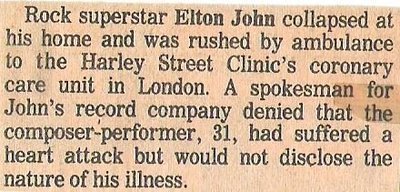 John, Elton / Rock Superstar Elton John Collapsed at His Home | Newspaper Article (1978)
