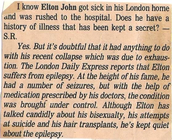 John, Elton / Reader Question About Epilepsy | Magazine Article (1978)