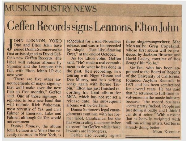John, Elton / Geffen Records Signs Lennons, Elton John | Magazine Article (1980)