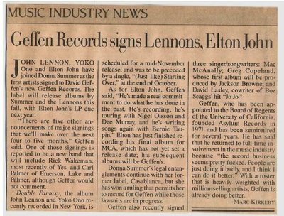 John, Elton / Geffen Records Signs Lennons, Elton John | Magazine Article (1980)