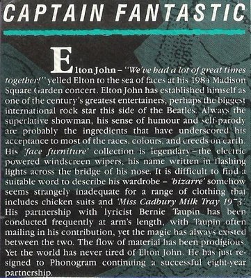 John, Elton / Captain Fantastic - Just Re-signed to Phonogram | Magazine Article (1986)
