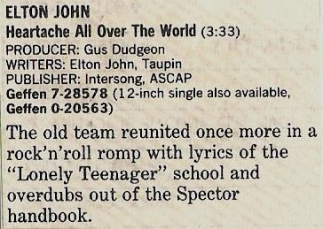 John, Elton / Heartache All Over the World - Single Review | Magazine Article (1986)