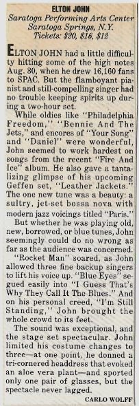 John, Elton / Concert Review: Saratoga Performing Arts Center 1986 | Magazine Article (1986)