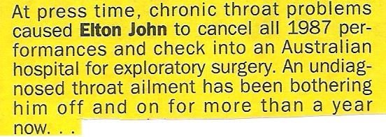 John, Elton / Chronic Throat Problems | Magazine Article (1987)