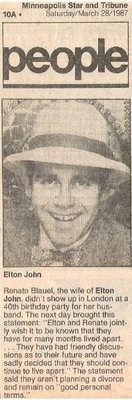 John, Elton / Elton + Renate Separation | Newspaper Article with Photo (1987)