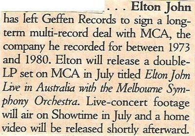 John, Elton / Elton John Left Geffen Records | Magazine Article (1987)