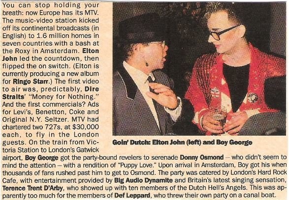 John, Elton / With Boy George at MTV Europe Launch | Magazine Article with Photo (1987)