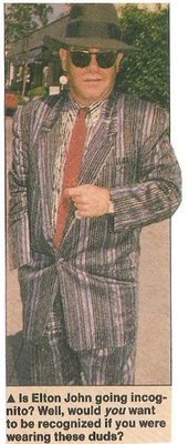 John, Elton / In Striped Suit, Red Tie, Black Hat | Magazine Photo with Caption (1987)