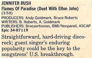 Rush, Jennifer (+ Elton John) / Flames of Paradise - Single Review #1 | Magazine Article (1987)
